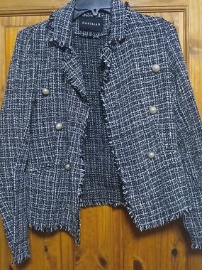 Parisian Works Black and White Tweed Frayed Hem Double-Breasted Blazer
